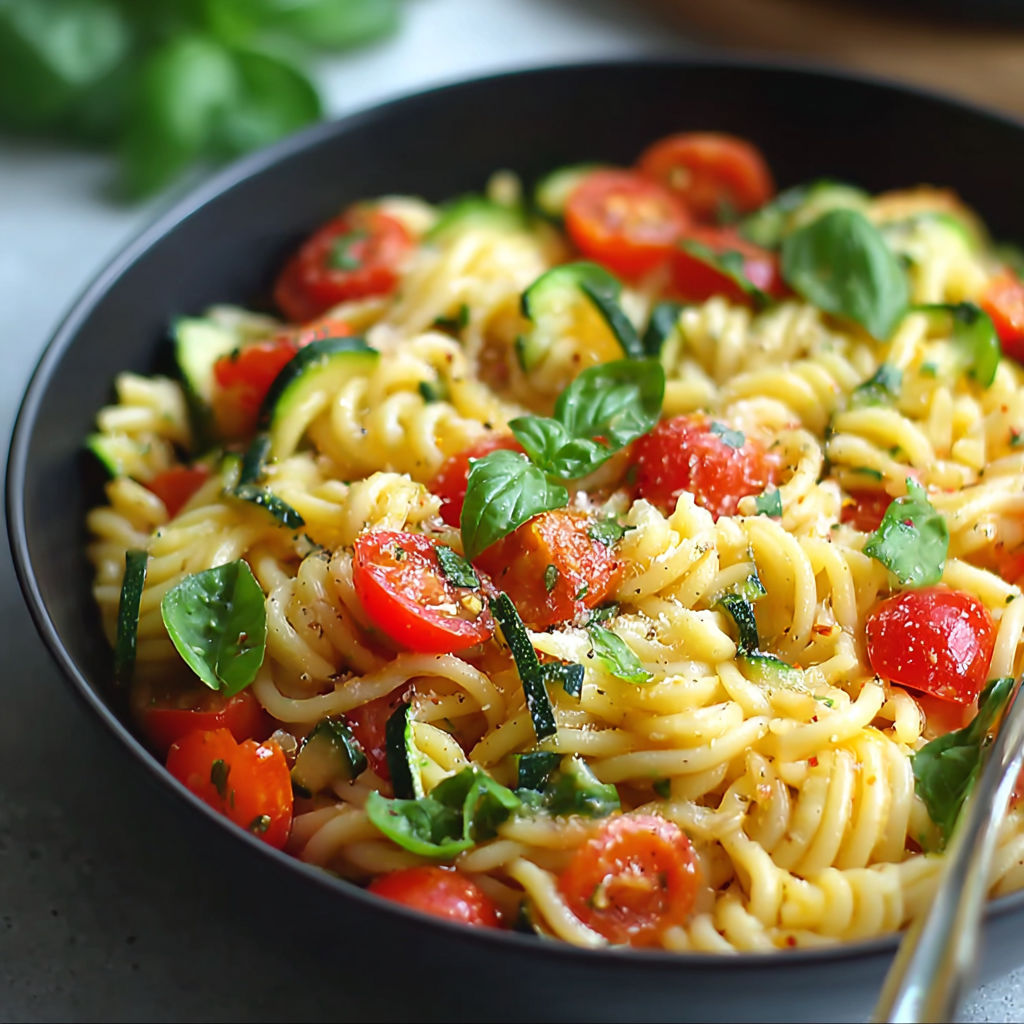 A bowl of pasta with tomatoes, spinach, and basil.