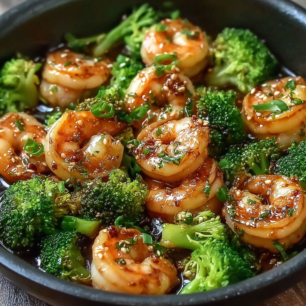 A bowl of shrimp and broccoli.
