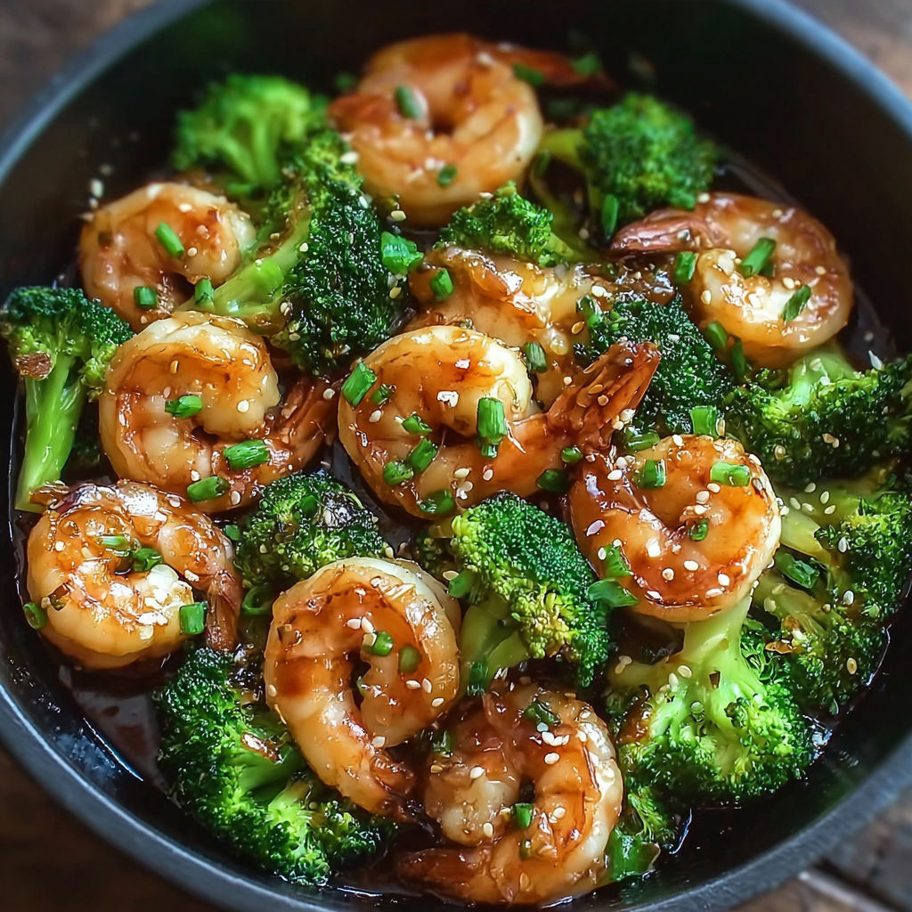 A bowl of shrimp and broccoli.