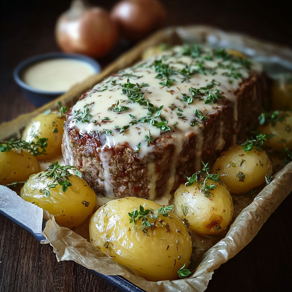 A roast with potatoes and onions.