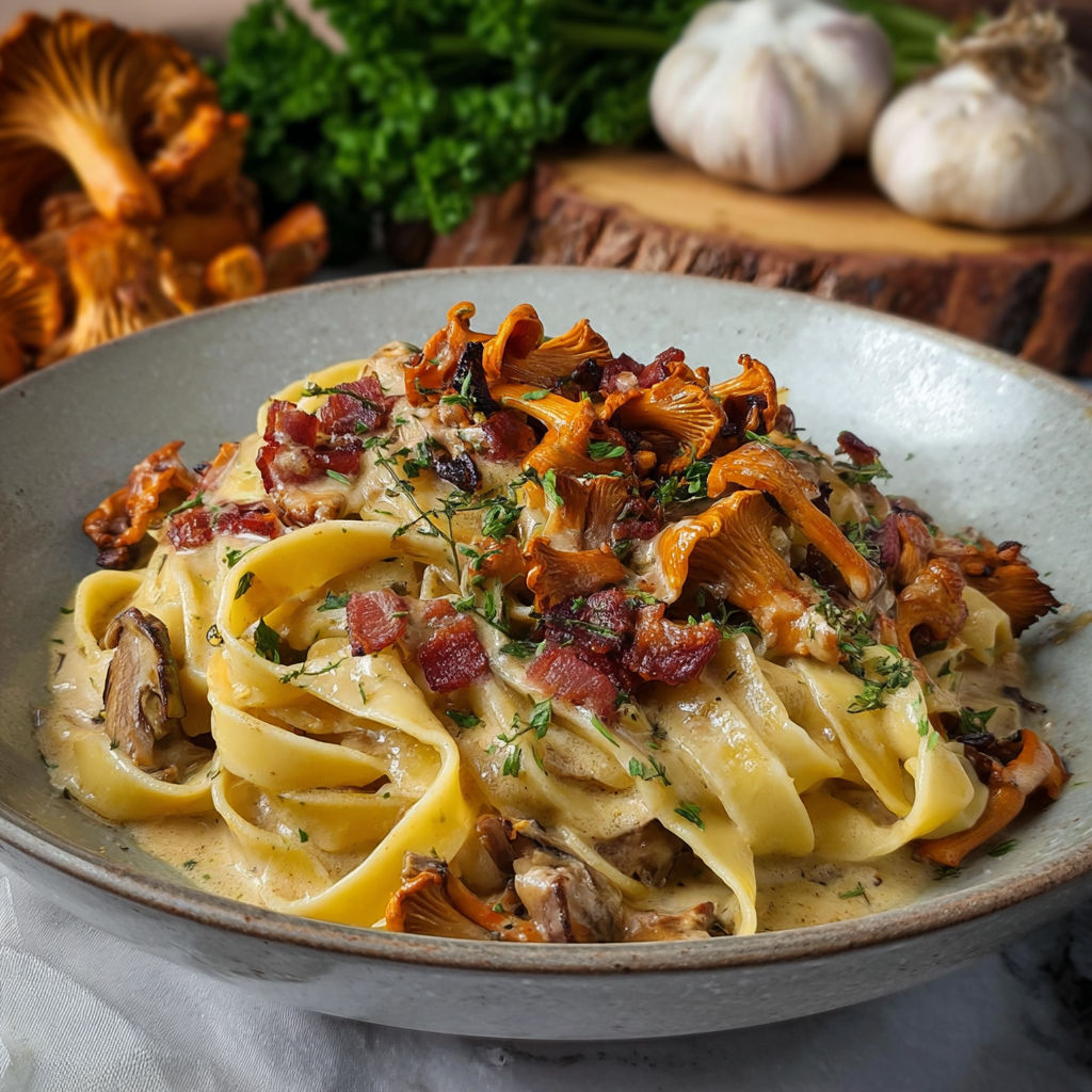 A plate of pasta with mushrooms and bacon.