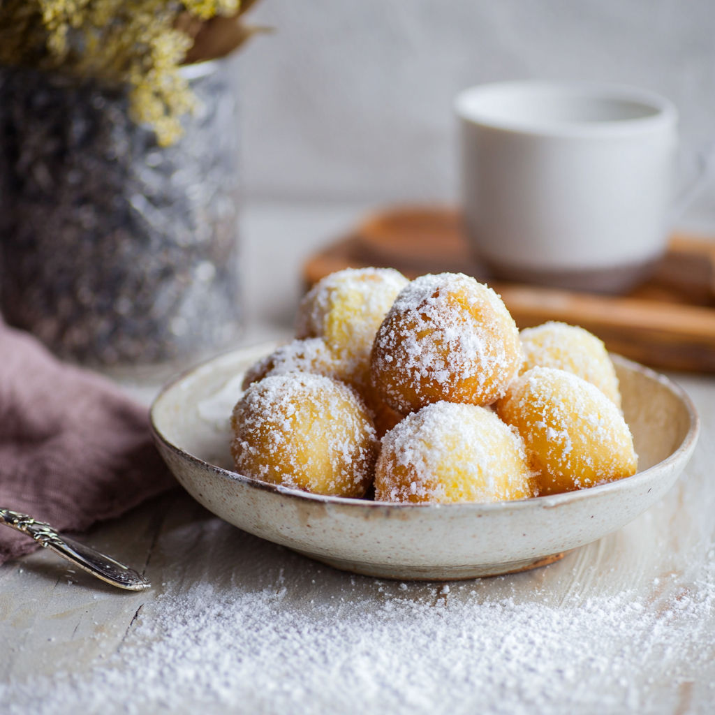 A bowl of Quarkbällchen on a table.