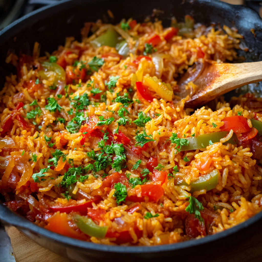 A pan of rice with peppers and onions.