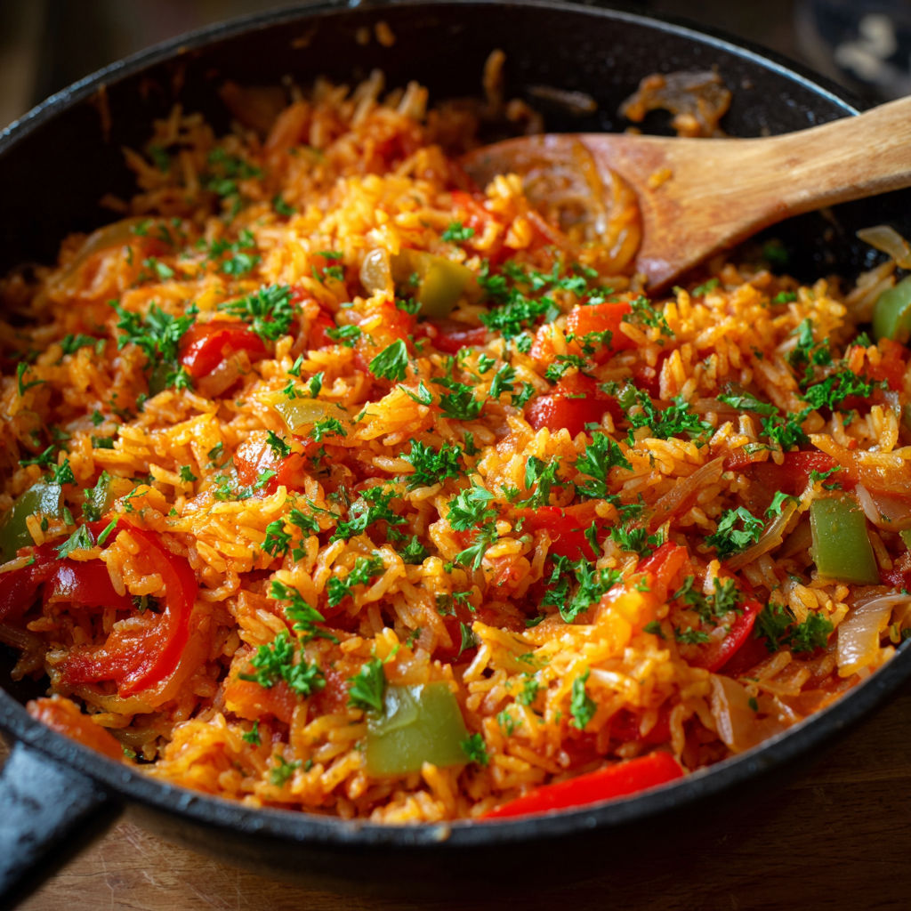 A pan of rice with tomatoes and peppers.