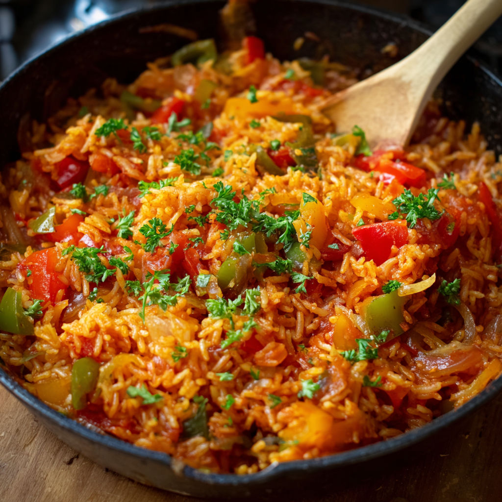 A bowl of rice with vegetables and a wooden spoon.