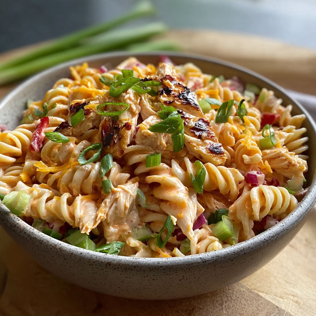 A bowl of pasta with chicken and vegetables.