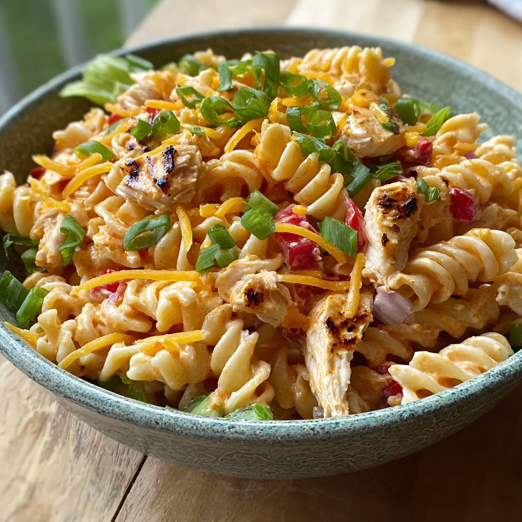 A bowl of pasta with chicken and cheese.