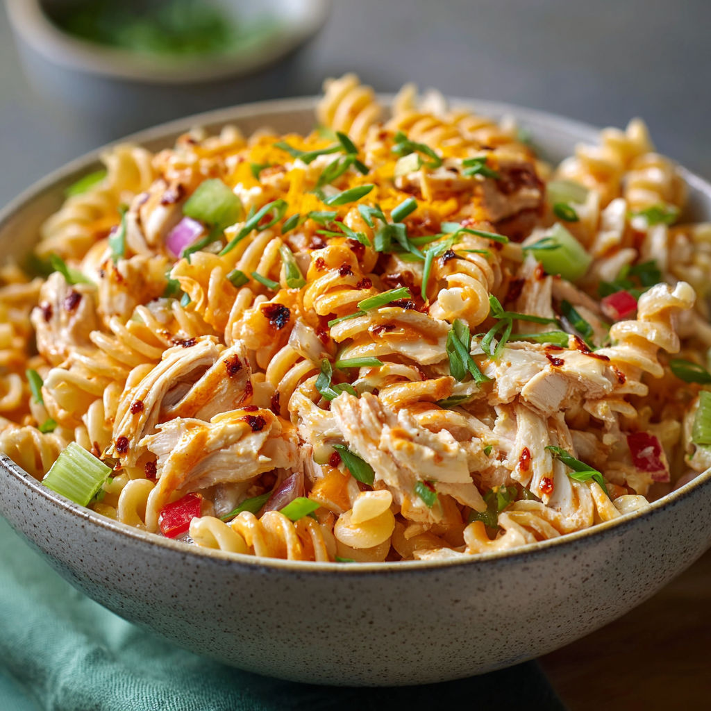 A bowl of pasta with chicken and vegetables.