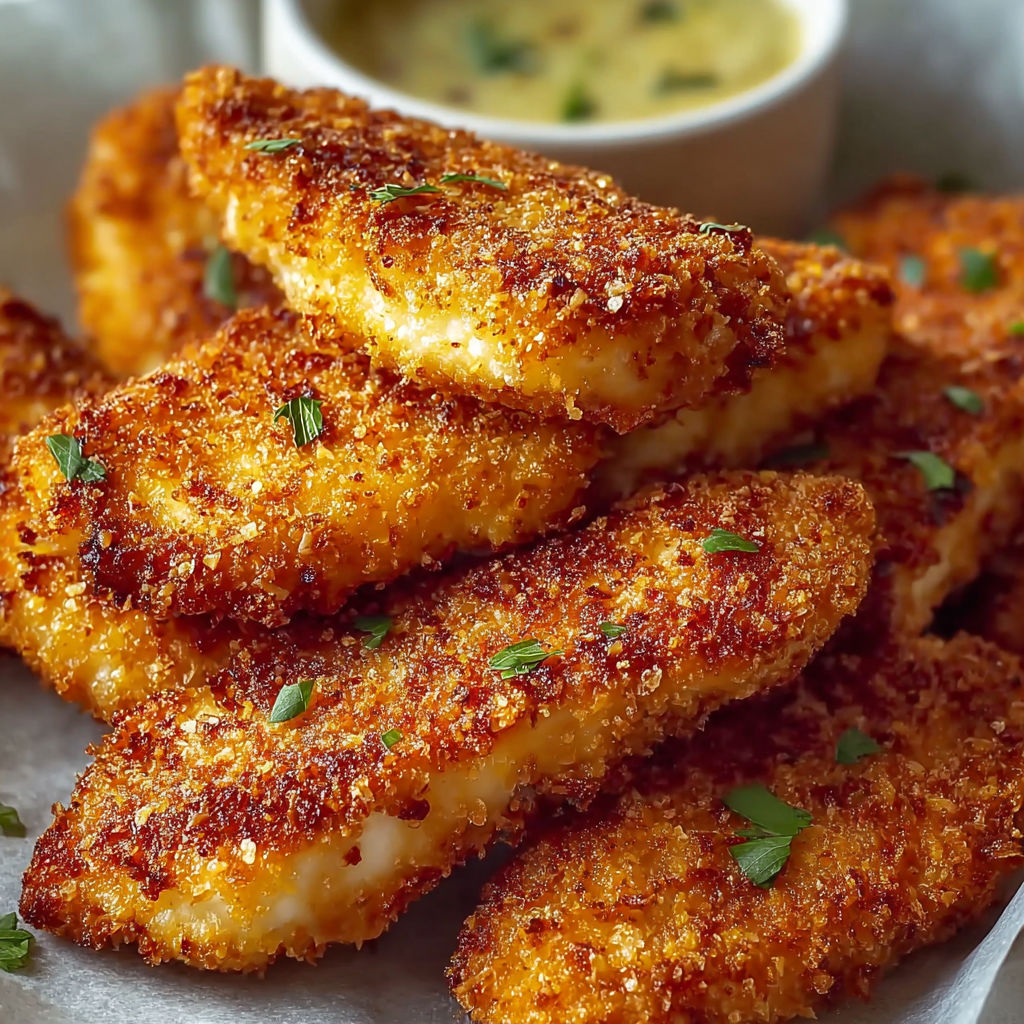 A plate of breaded chicken strips.
