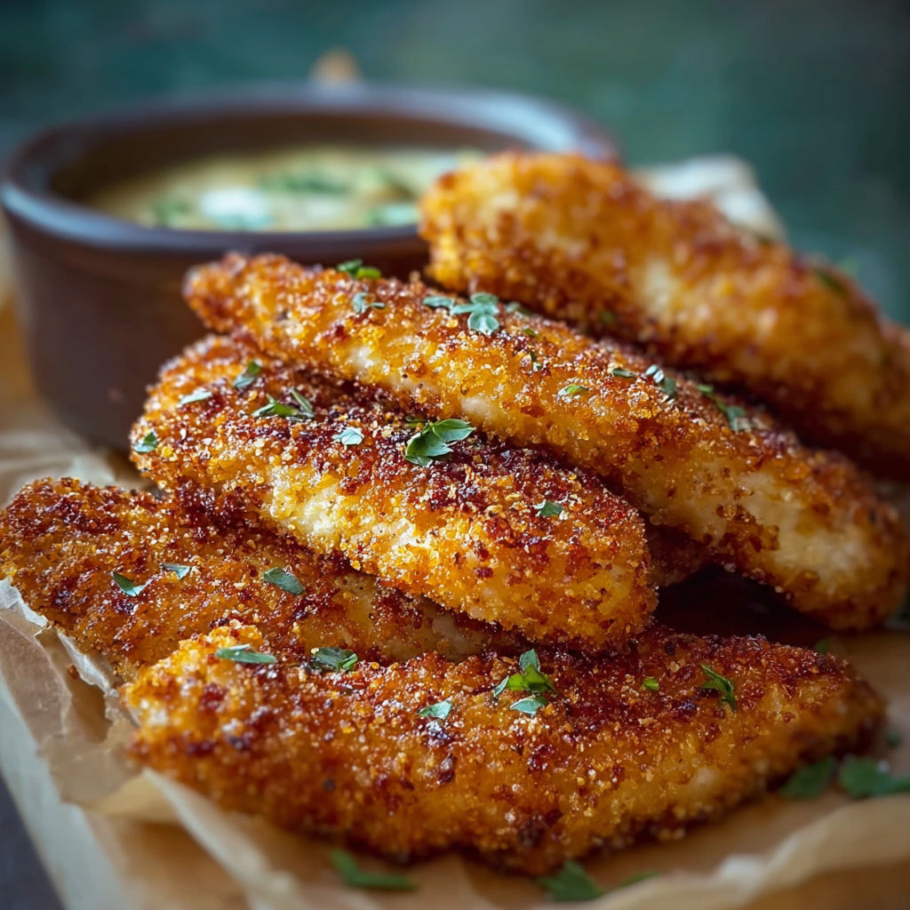 A plate of breaded chicken with a bowl of dipping sauce.