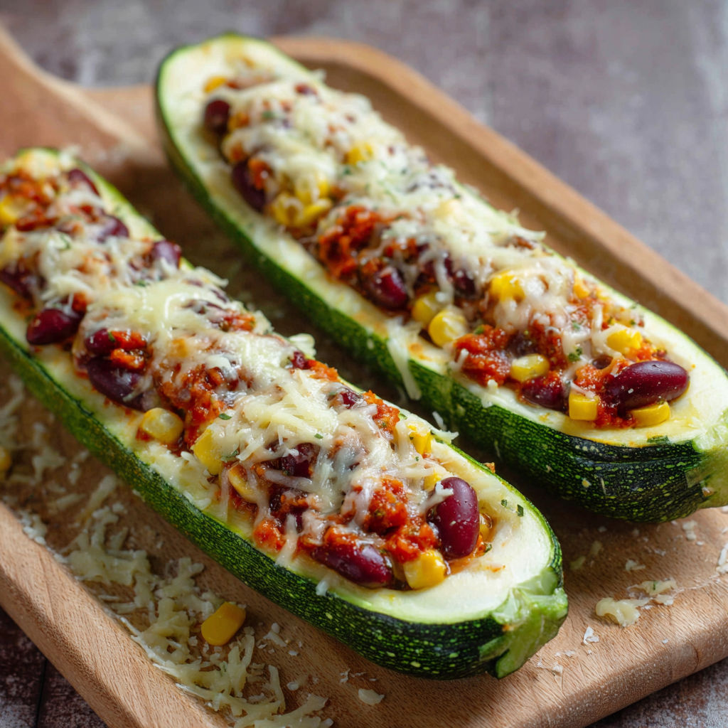 Two stuffed zucchinis on a wooden board.