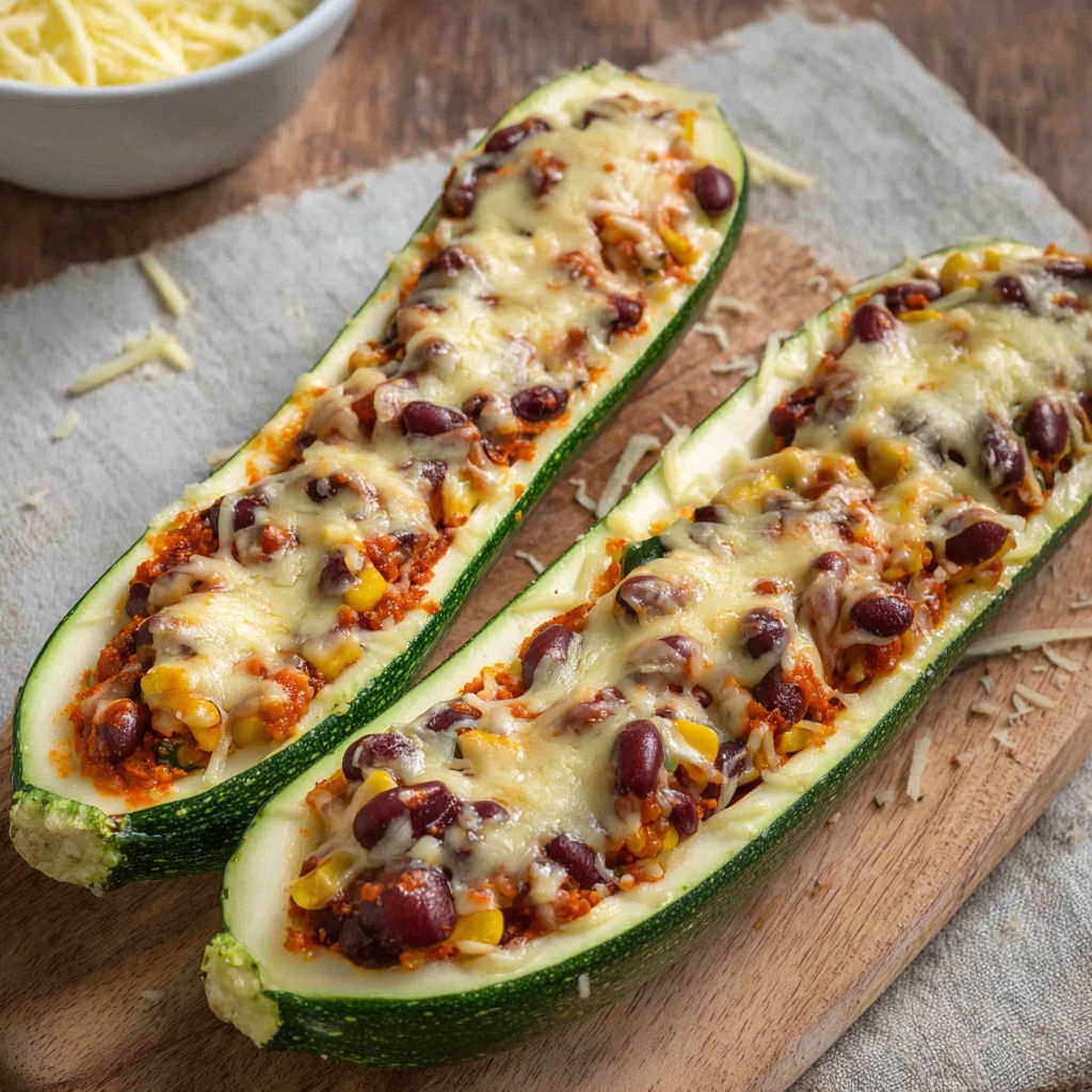 Two slices of zucchini filled with cheese and beans.