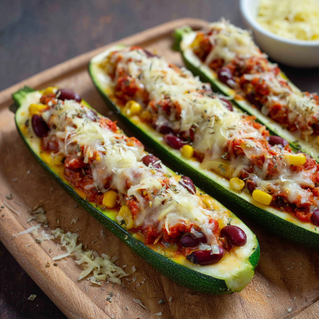 Two zucchini filled with cheese and beans.