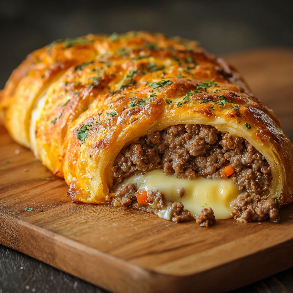 A meat and cheese filled pastry on a wooden board.
