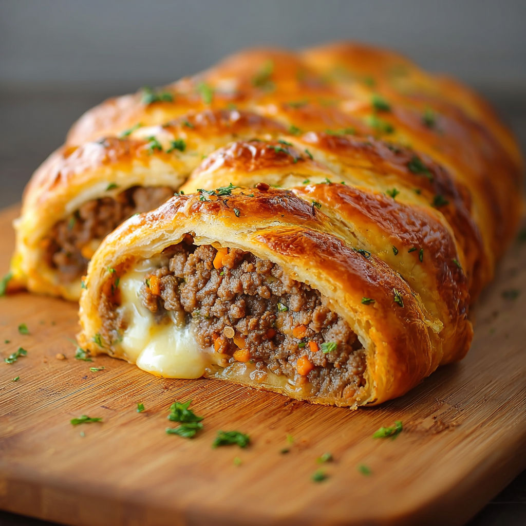 A pastry with meat and cheese on a wooden table.