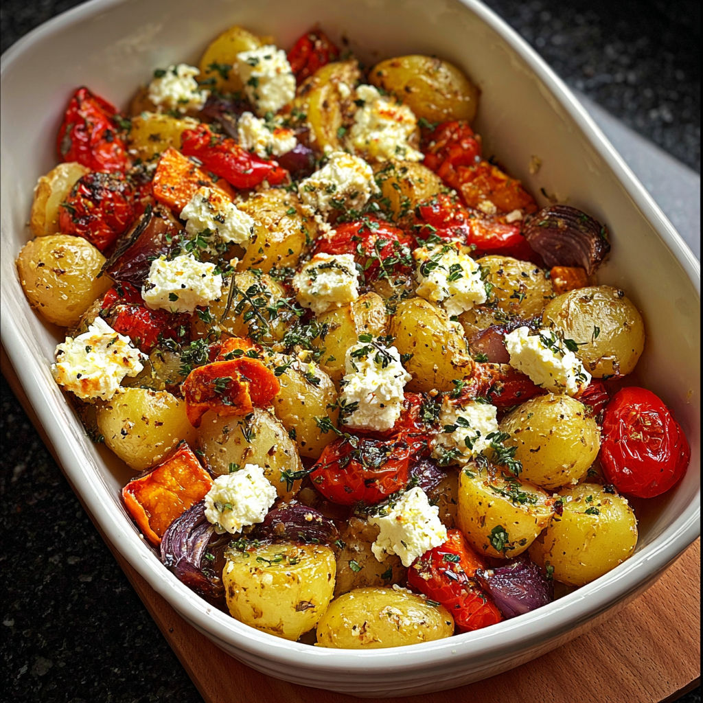 A bowl of food with feta cheese and potatoes.