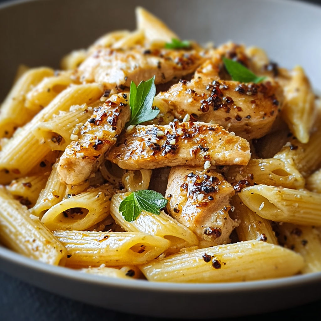 A bowl of pasta with chicken and spices.