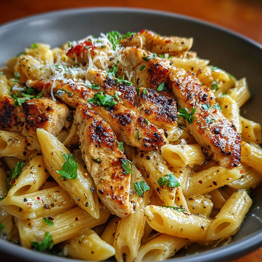 A bowl of pasta with chicken and cheese.