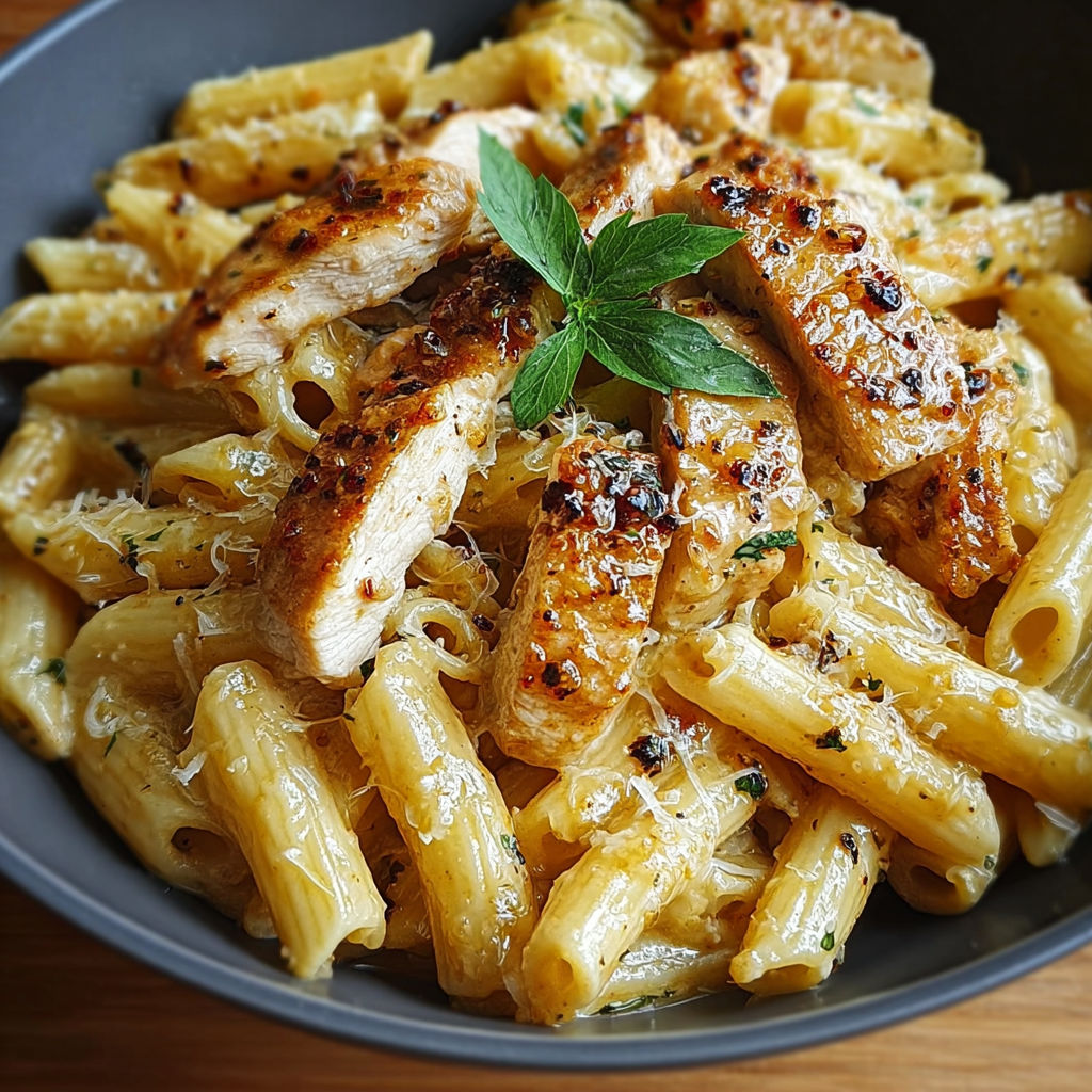 A bowl of pasta with chicken and cheese.