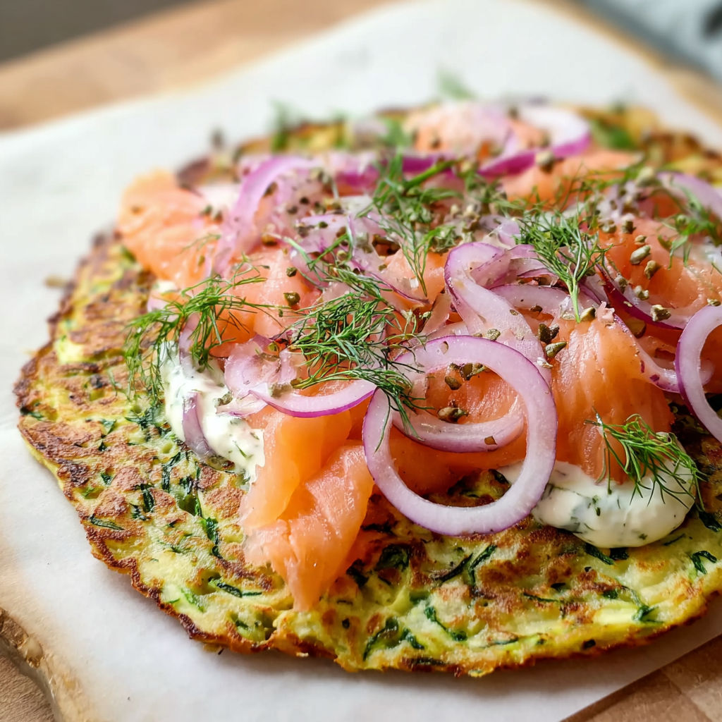 A zucchini pfannkuchen with salmon on top.