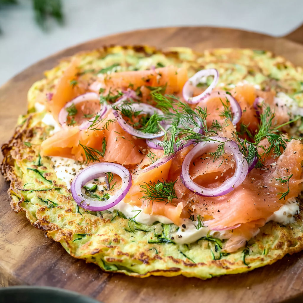 A zucchini pancakes with salmon on top.