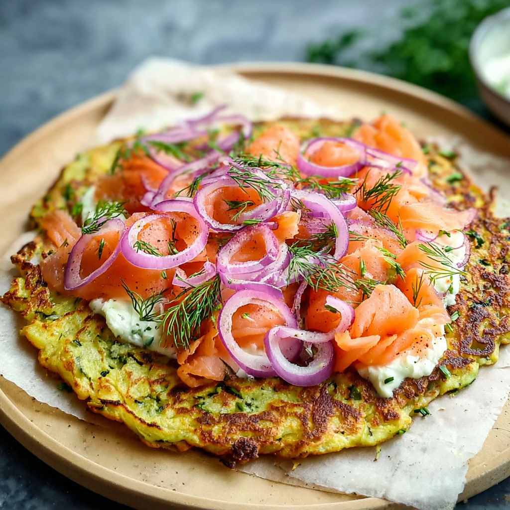 A zucchini pfannkuchen with salmon on top.