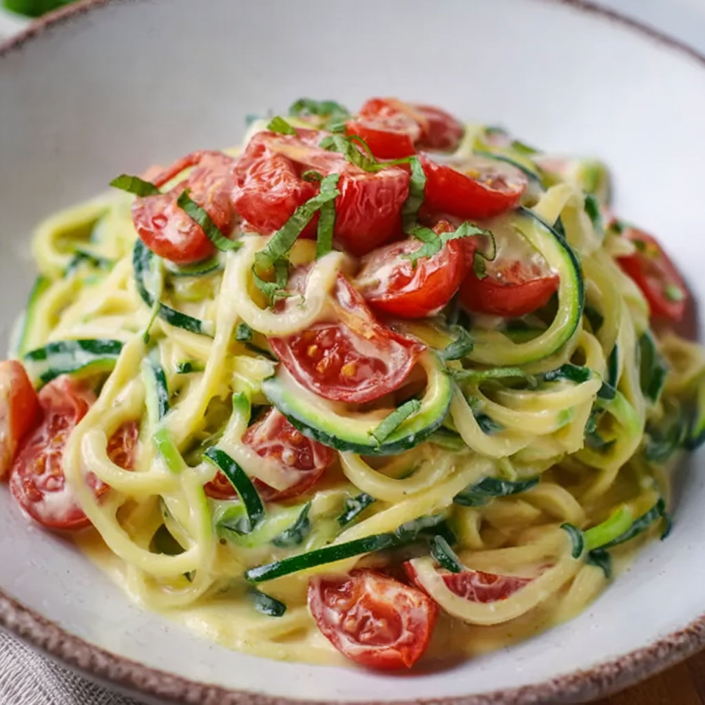A bowl of zucchini spaghetti with tomatoes and cheese.