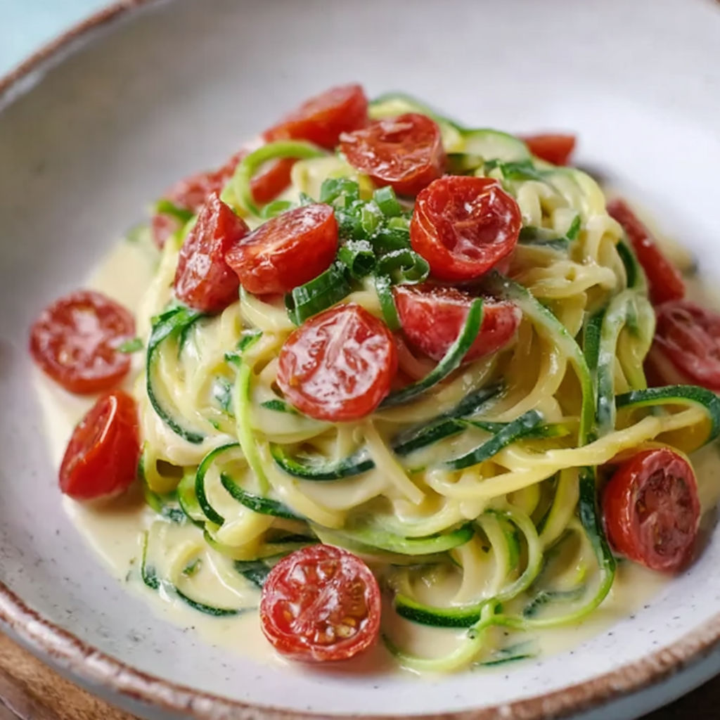 A plate of pasta with tomatoes and zucchini.
