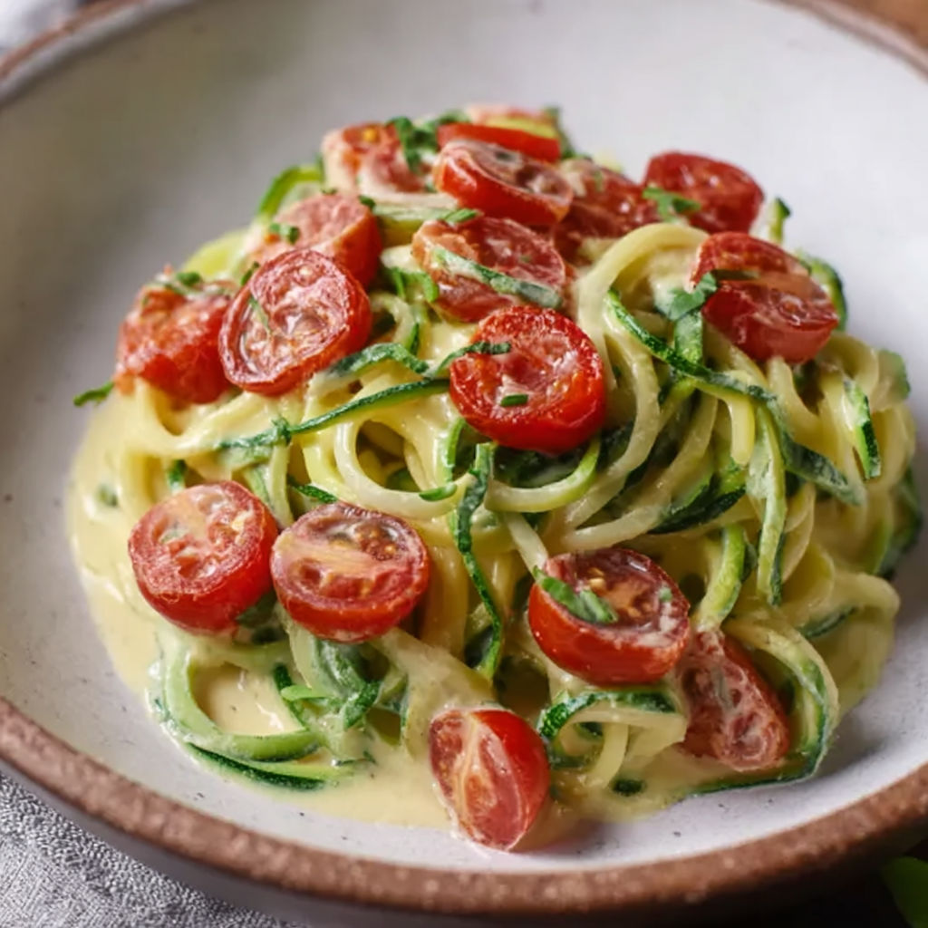 A bowl of pasta with tomatoes and spinach.