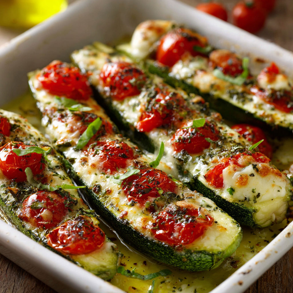 A dish of zucchini filled with tomatoes and mozzarella cheese.