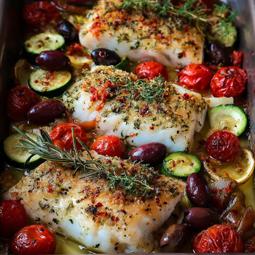 A pan of fish with tomatoes, olives, and herbs.