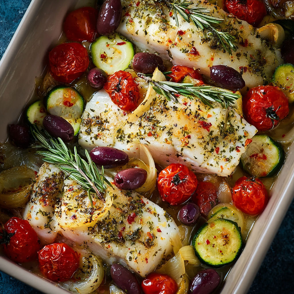 A dish of fish with tomatoes and olives.