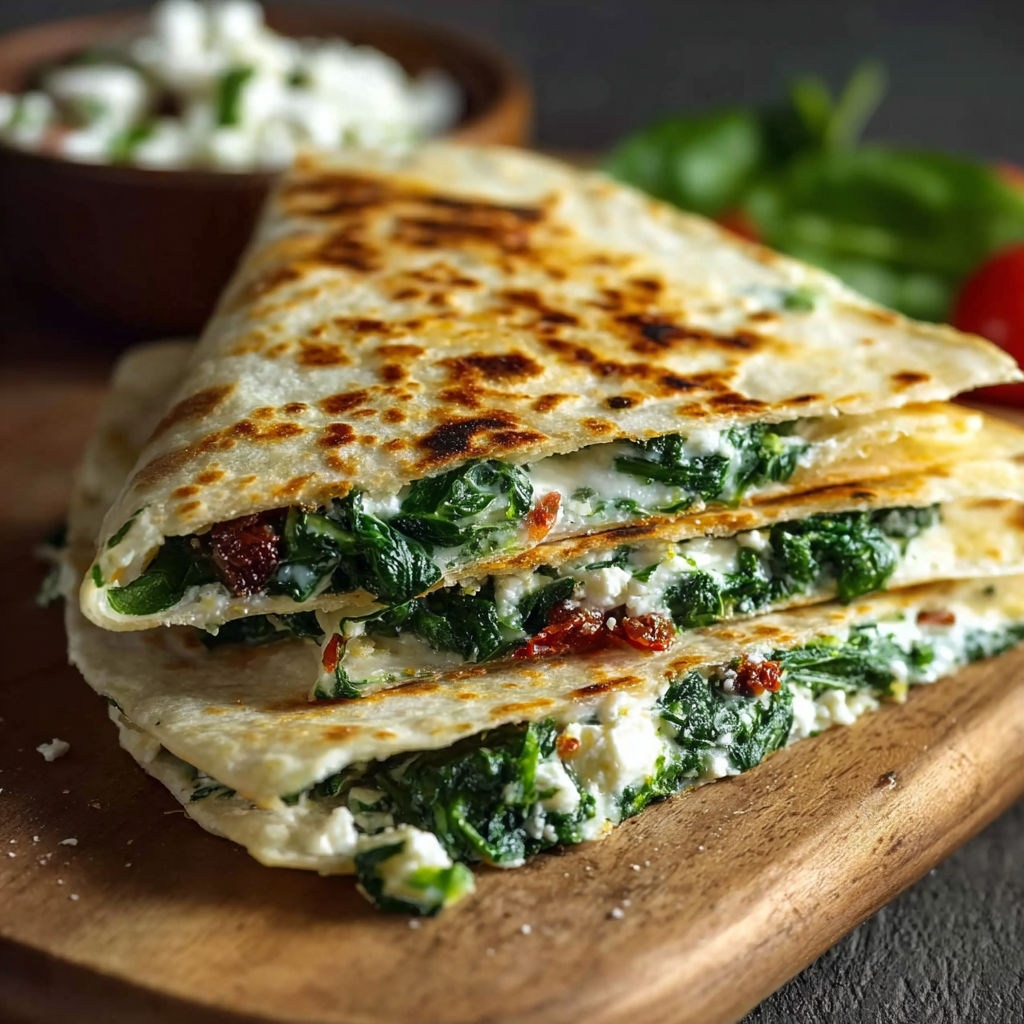A spinach quesadilla on a wooden cutting board.