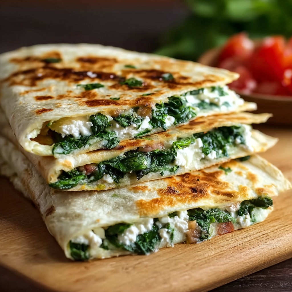 A stack of three quesadillas with spinach and cheese.