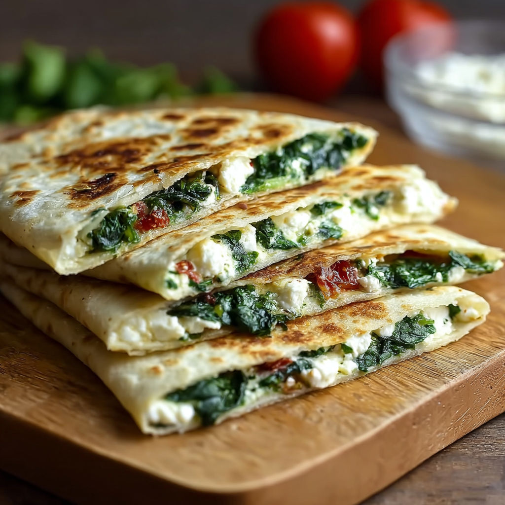 A stack of four quesadillas with greens and tomatoes.