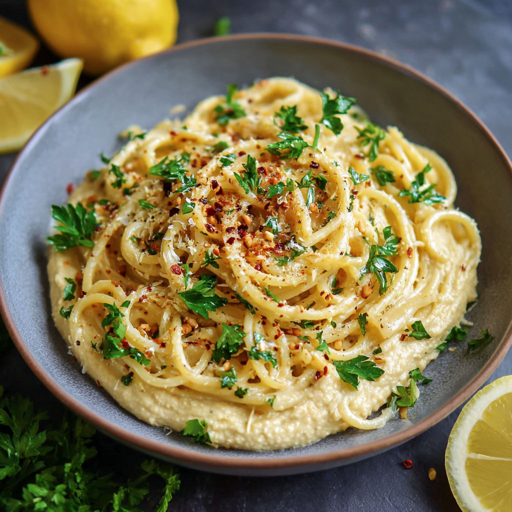 A bowl of pasta with a lemon wedge on top.