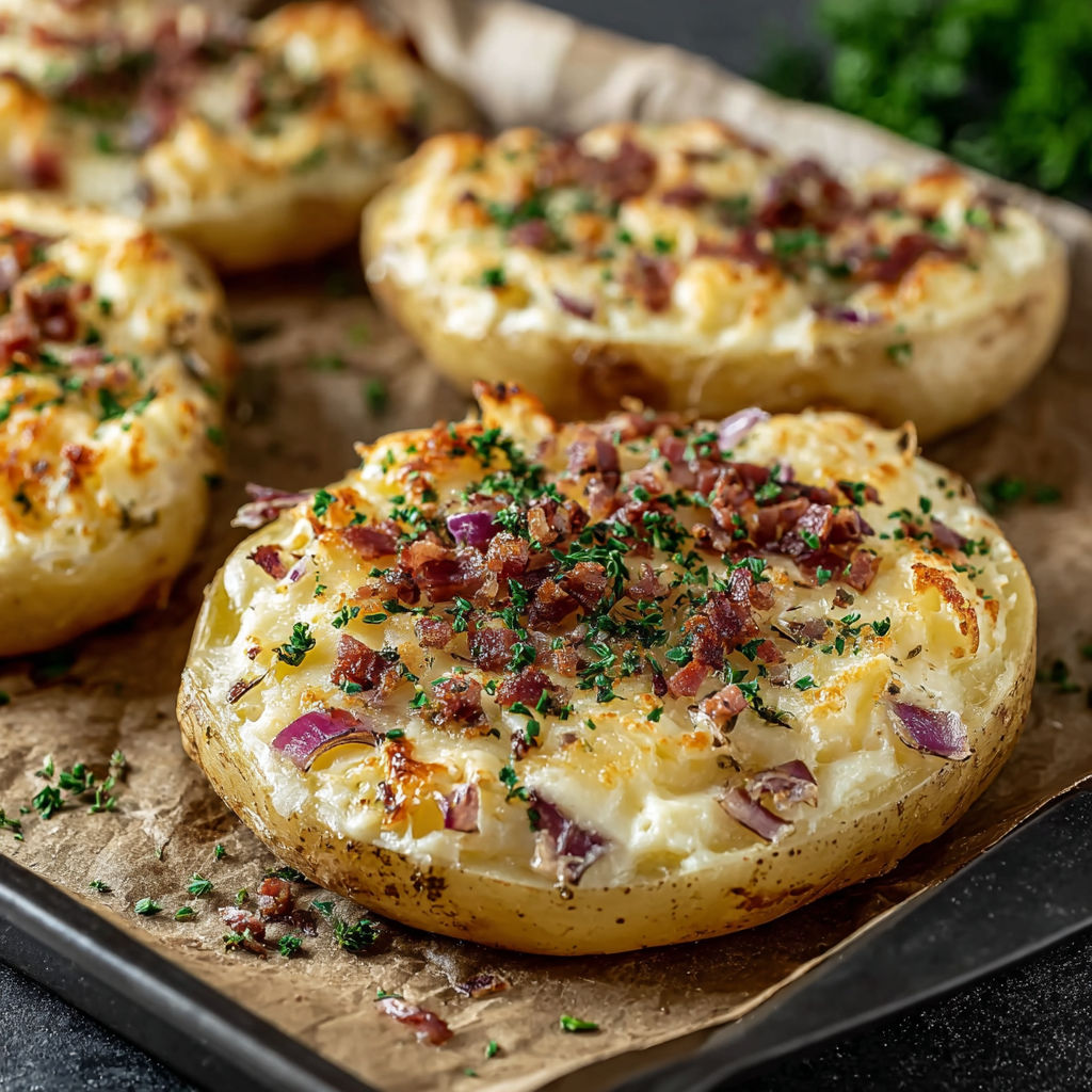 A plate of bacon and onion filled potatoes.