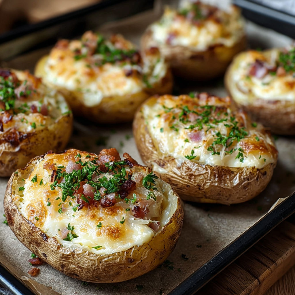 A tray of baked potatoes with bacon and cheese.