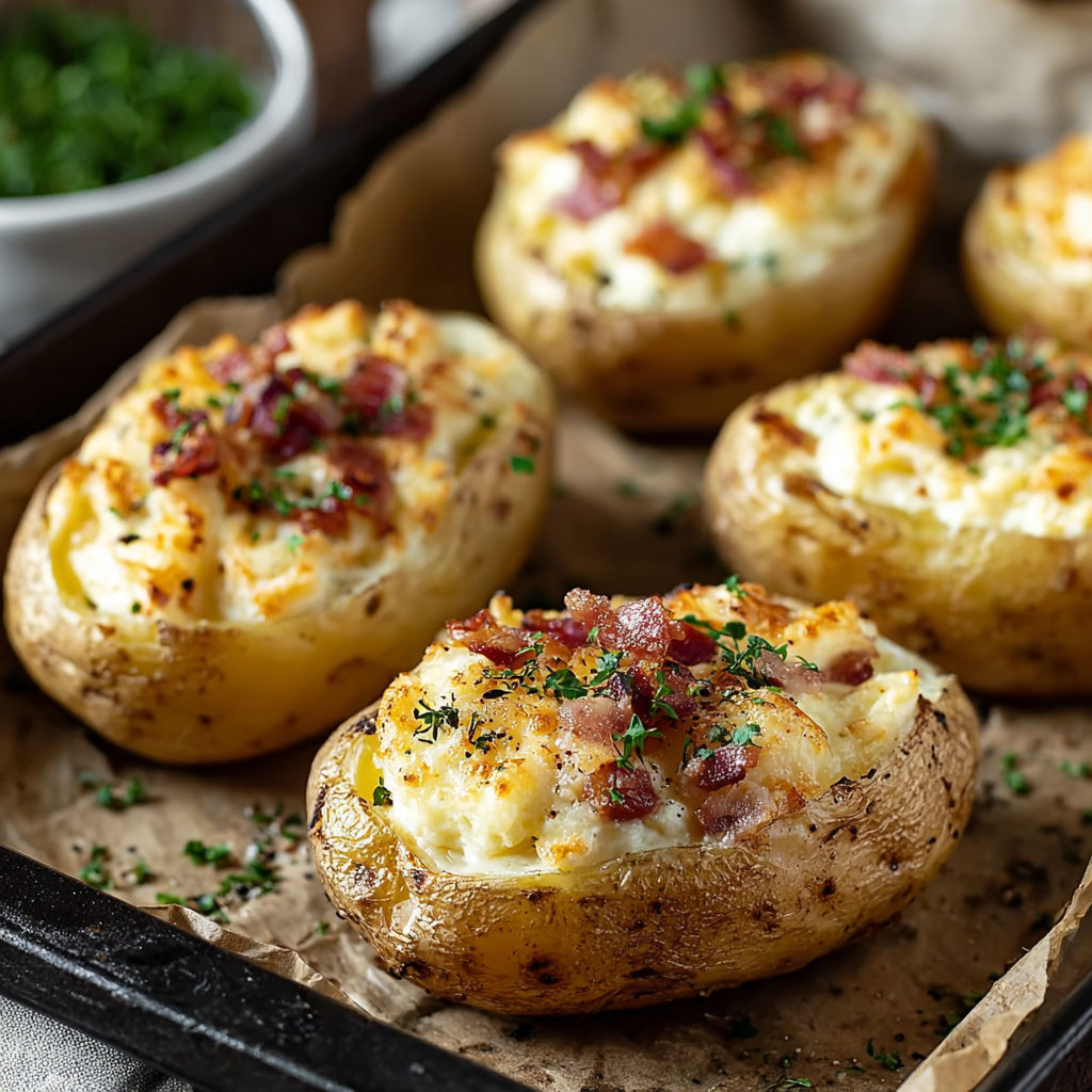 A plate of bacon and cheese filled potatoes.