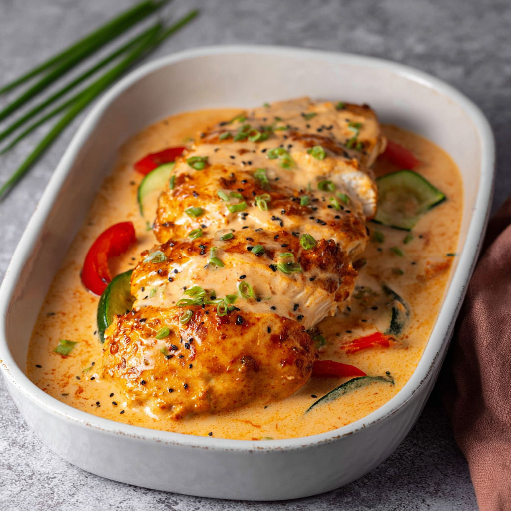 A dish of chicken in a creamy sauce with vegetables.