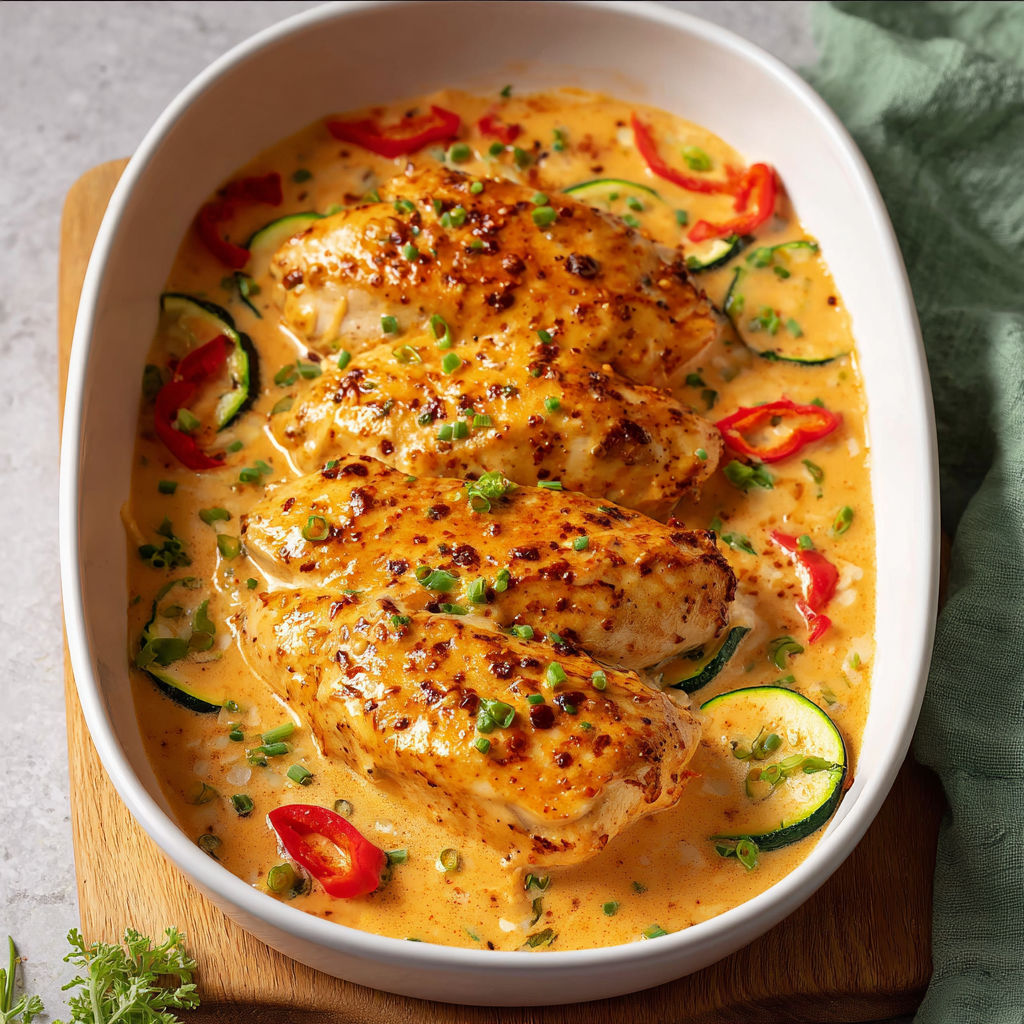 A bowl of chicken in a creamy sauce with zucchini and peppers.