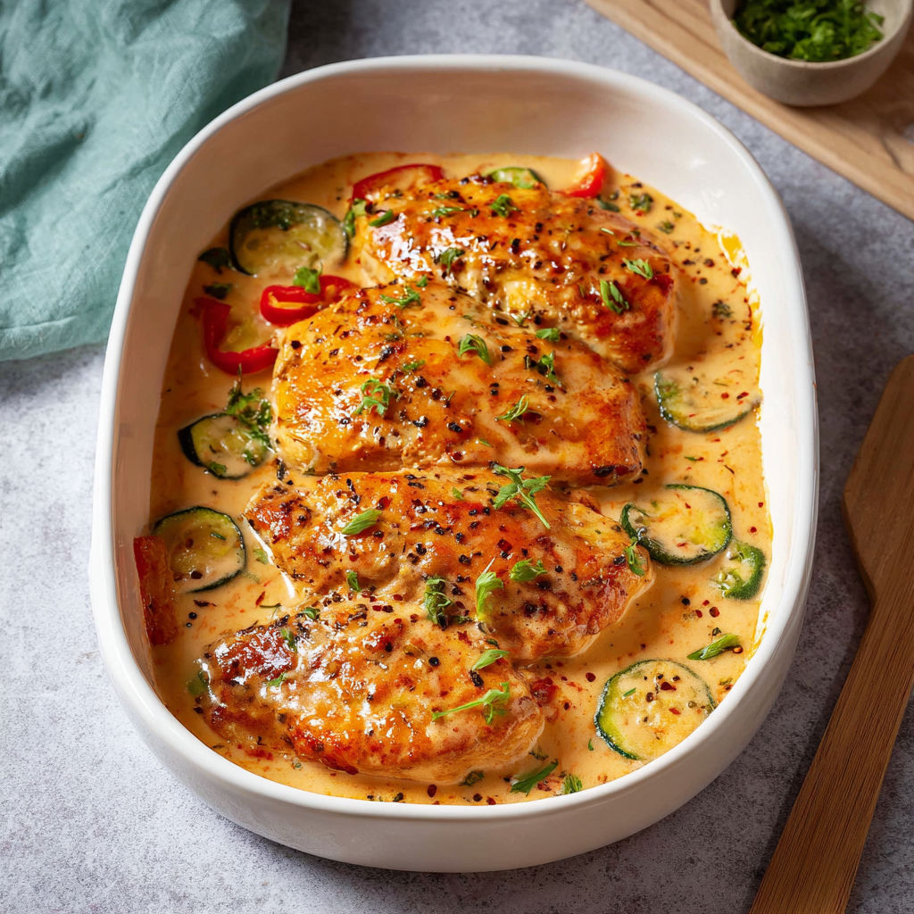 A bowl of chicken with a creamy sauce and vegetables.