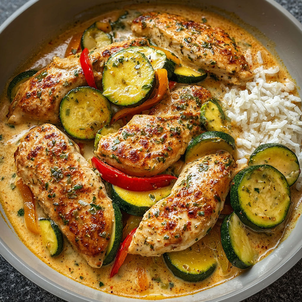 A bowl of chicken and vegetables.