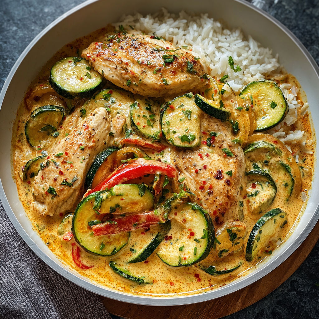 A bowl of food with chicken, zucchini, and paprika.