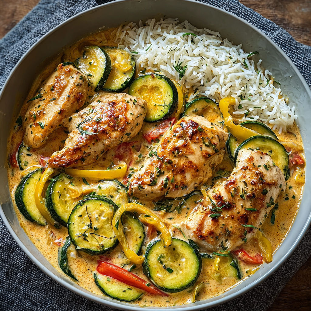 A bowl of chicken, zucchini, and paprika.