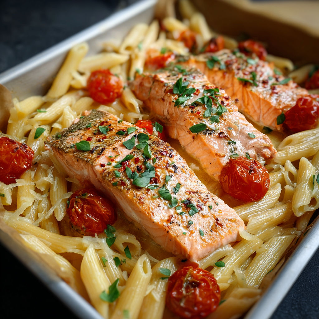 A pan of food with tomatoes, pasta, and salmon.