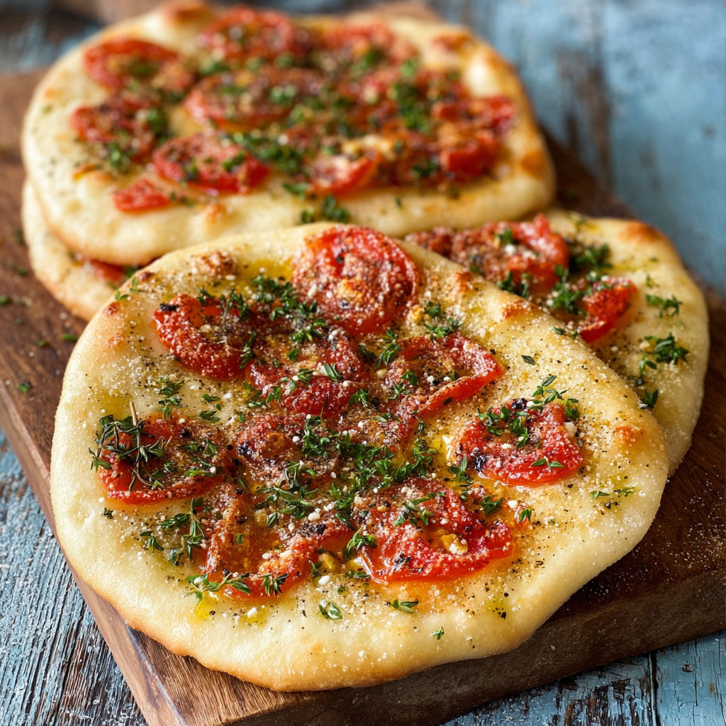 Two pieces of bread with tomatoes and garlic butter.