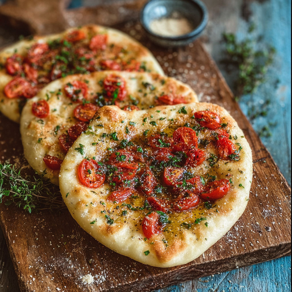Two pizzas with tomatoes and basil on a wooden table.