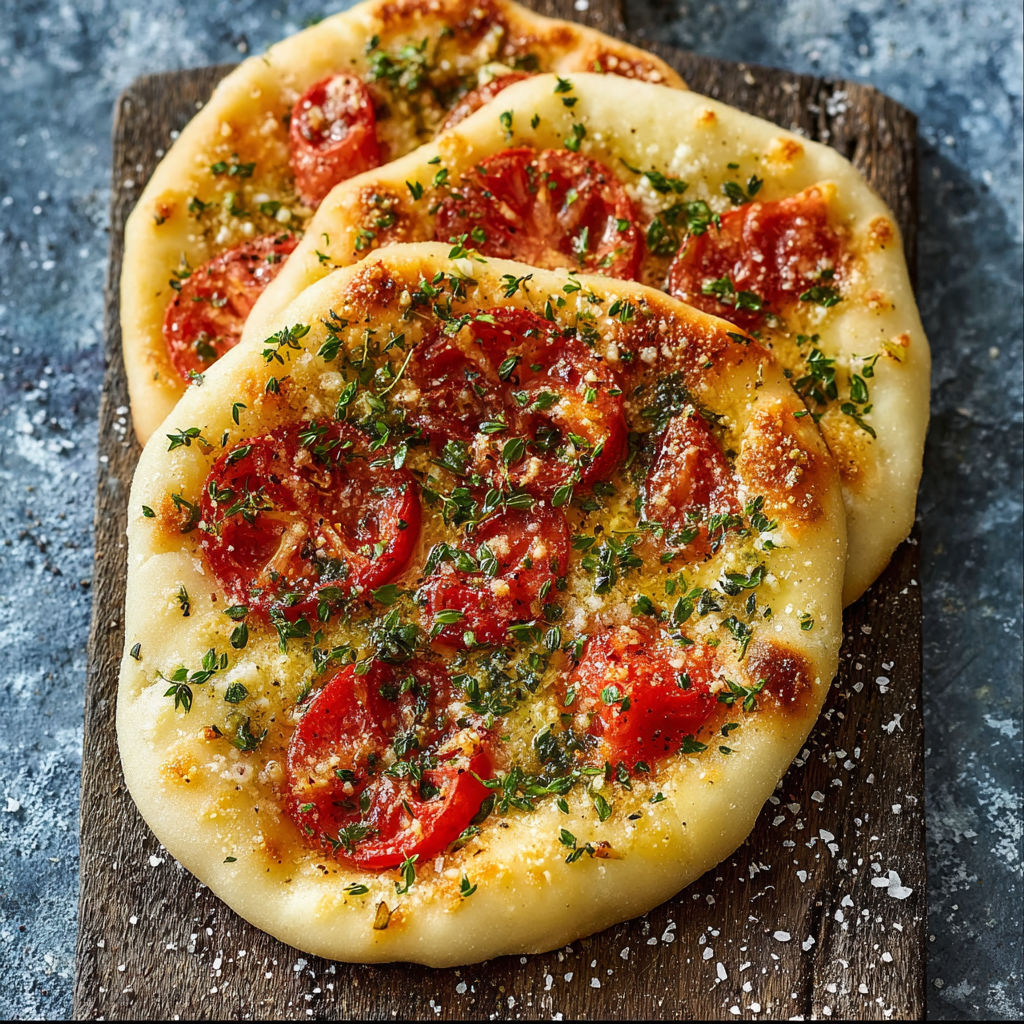 Two pizzas with tomatoes and cheese on a wooden board.