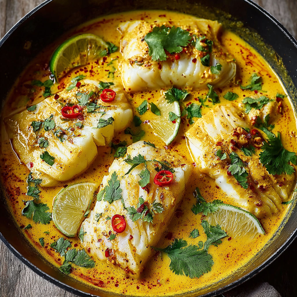 A bowl of fish in a yellow sauce.